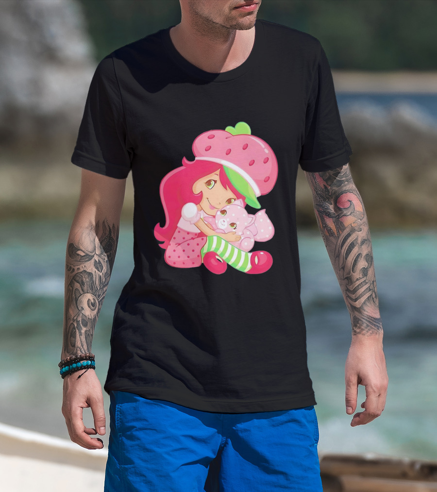 Strawberry Girl Hugging Pink Cat With Hat And Polka Dot Pants T-Shirt