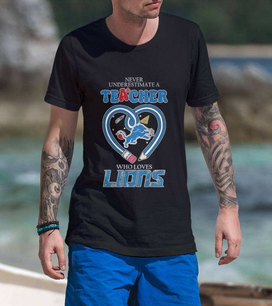 Teacher Who Loves Detroit Lions Heart Pencil Design T-Shirt