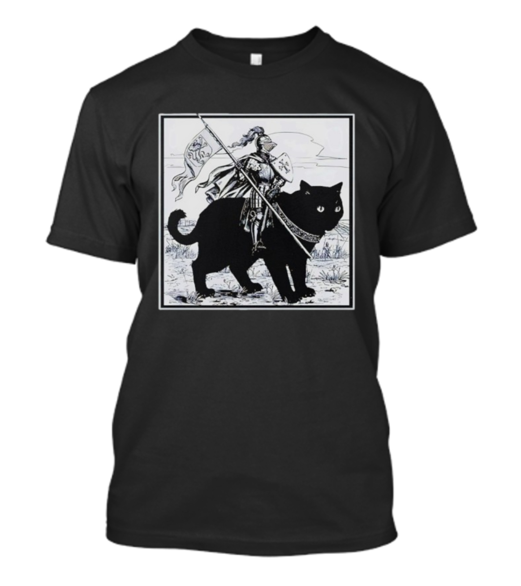 Medieval Knight Riding Giant Cat With Heraldic Banner T-Shirt