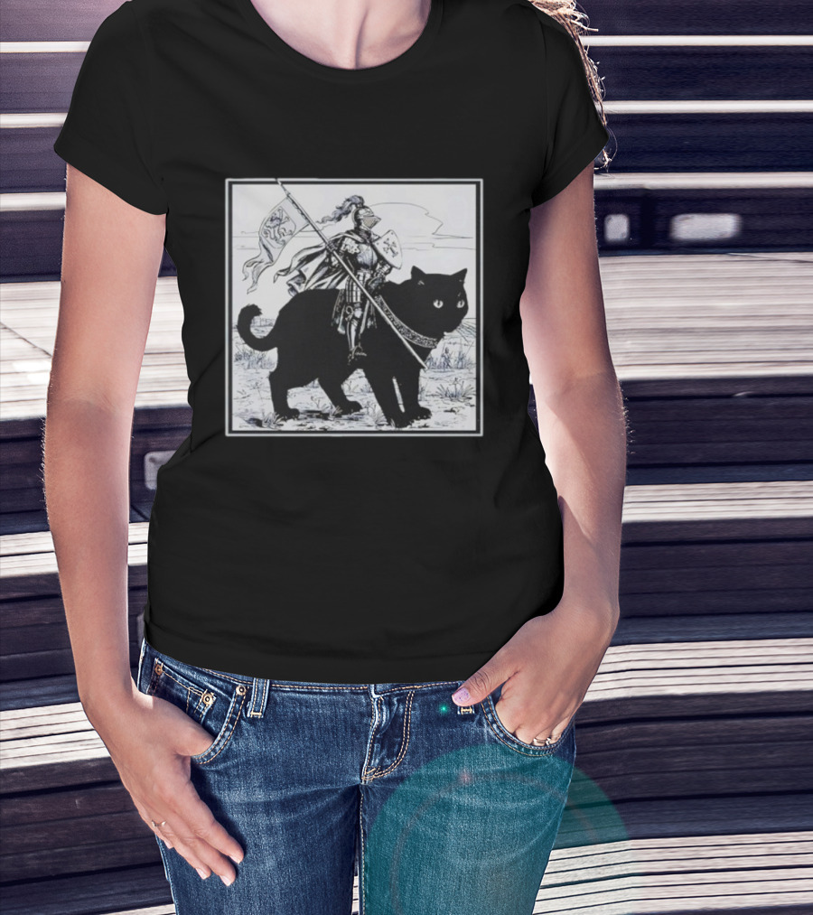 Medieval Knight Riding Giant Cat With Heraldic Banner T-Shirt