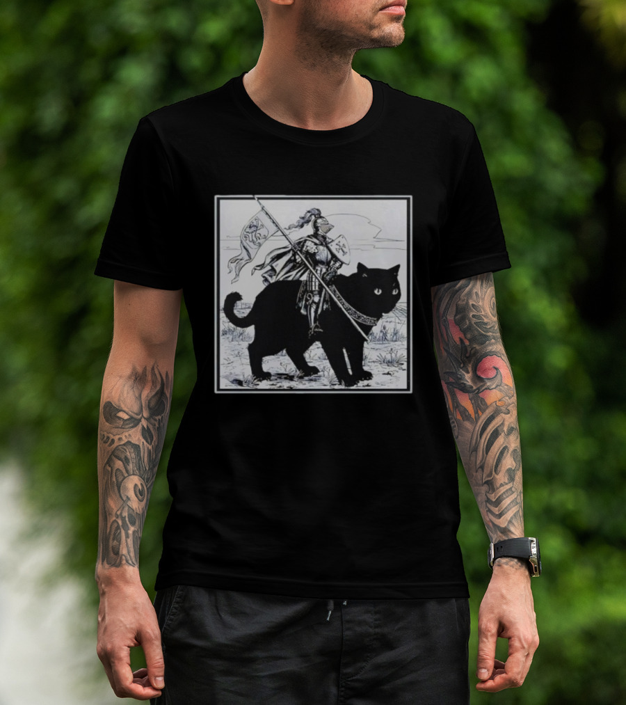 Medieval Knight Riding Giant Cat With Heraldic Banner T-Shirt