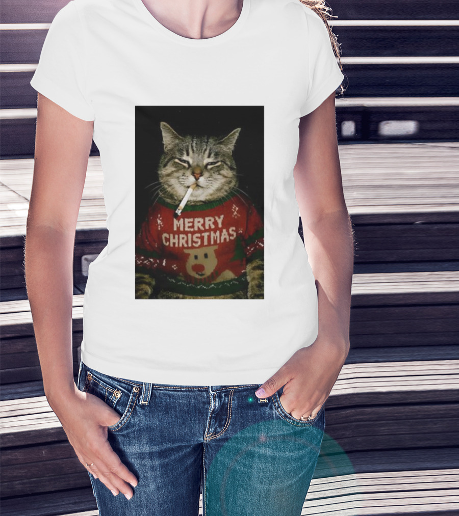 Merry Christmas Cat Smoking In Ugly Holiday Sweater With Reindeer T-Shirt
