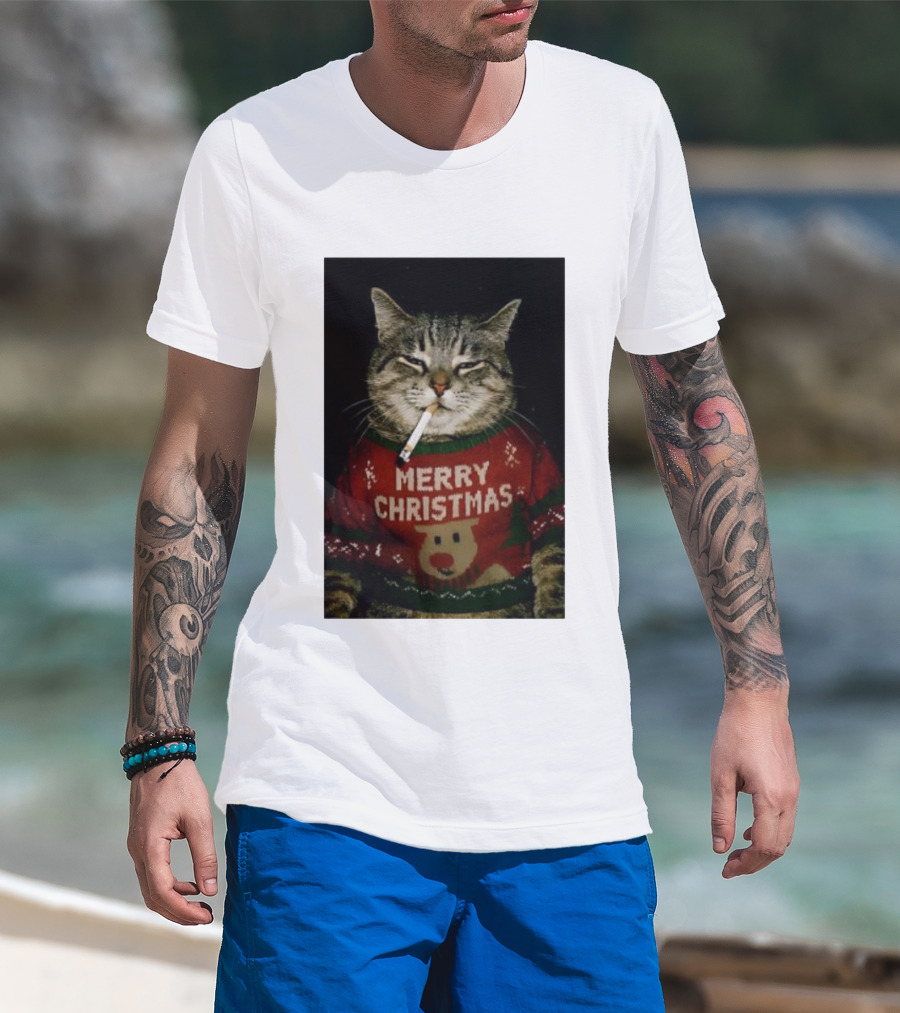 Merry Christmas Cat Smoking In Ugly Holiday Sweater With Reindeer T-Shirt