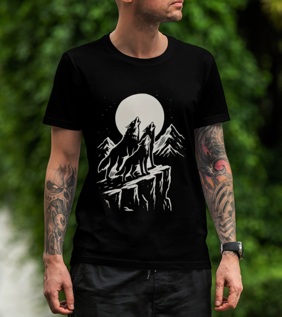 Howling Wolves Moonlit Mountains Black White T-Shirt