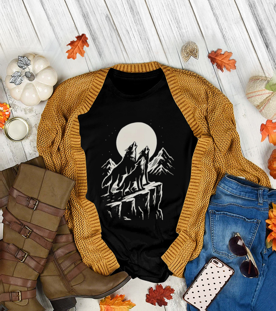 Howling Wolves Moonlit Mountains Black White T-Shirt