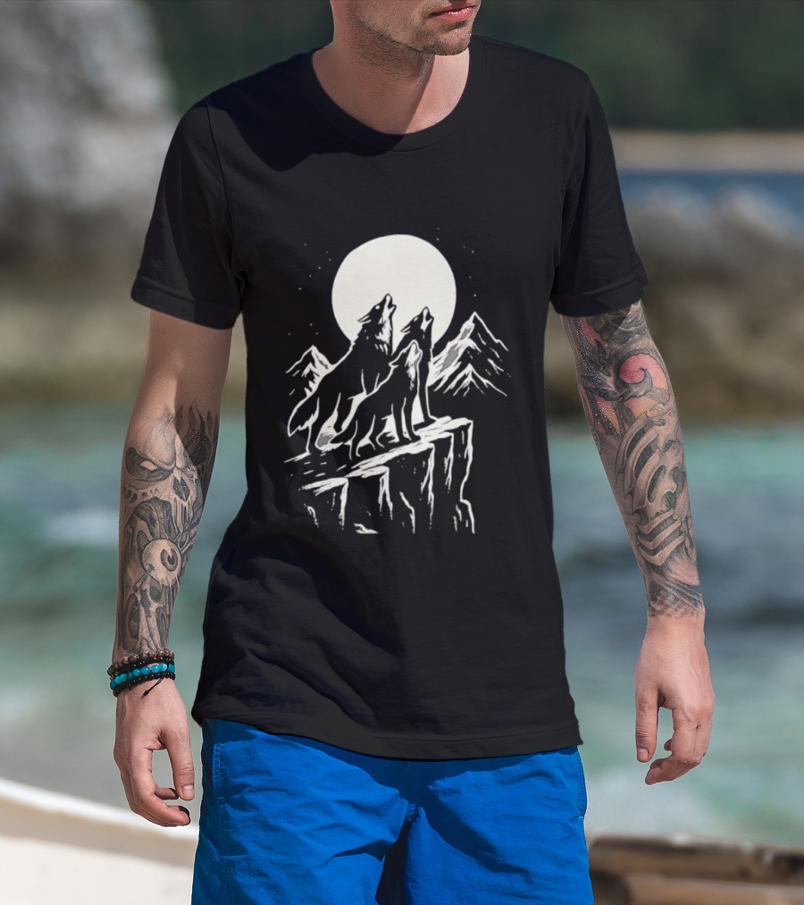 Howling Wolves Moonlit Mountains Black White T-Shirt