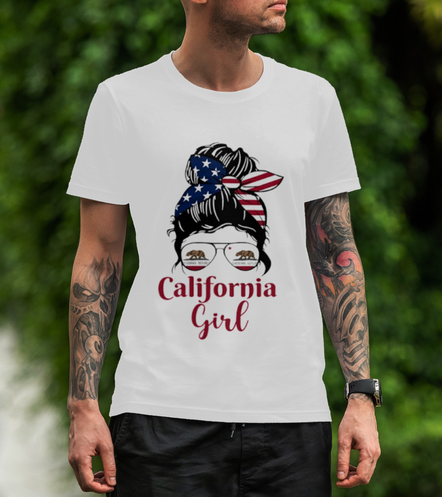 California Girl Sunglasses Bear Bandana Stars Stripes T-Shirt
