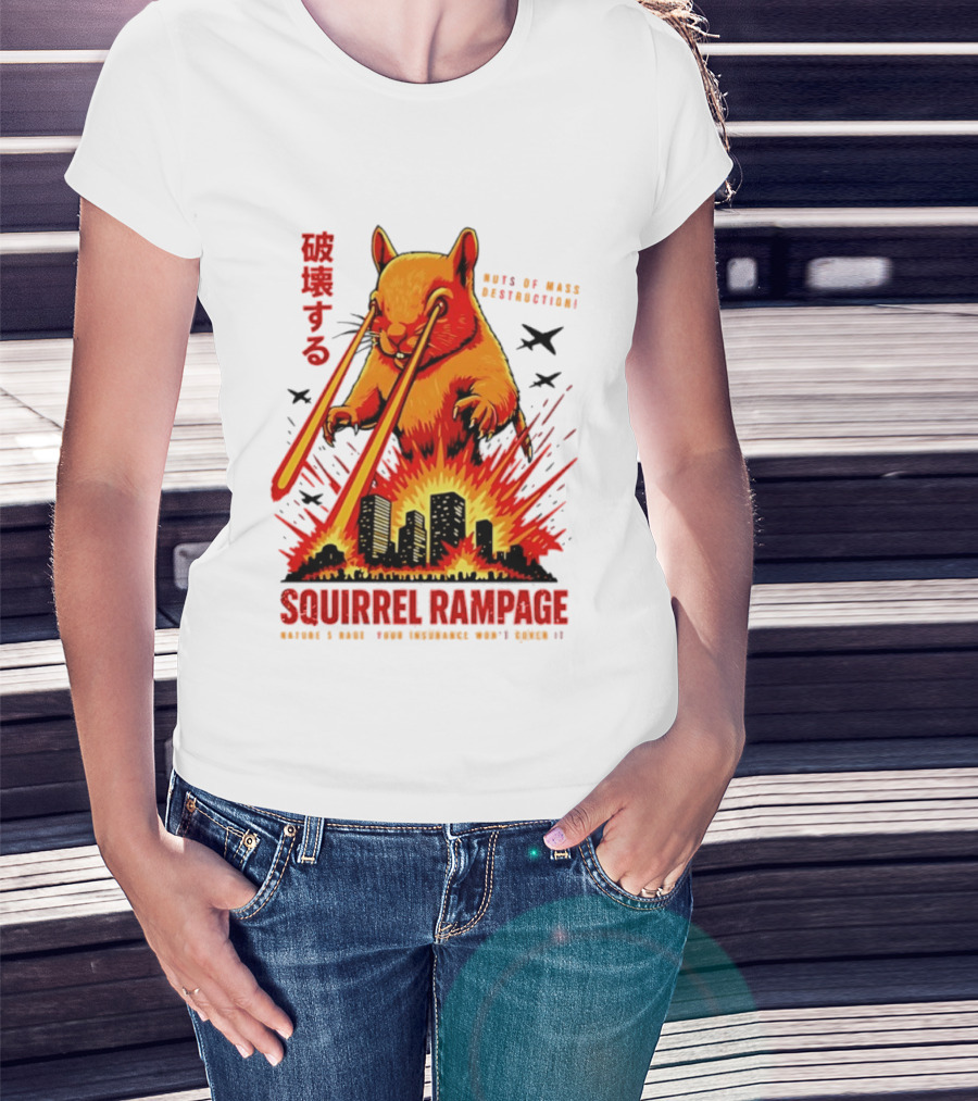 Squirrel Rampage Laser Eyes Skyline Destruction Nuts Of Mass Destruction T-Shirt