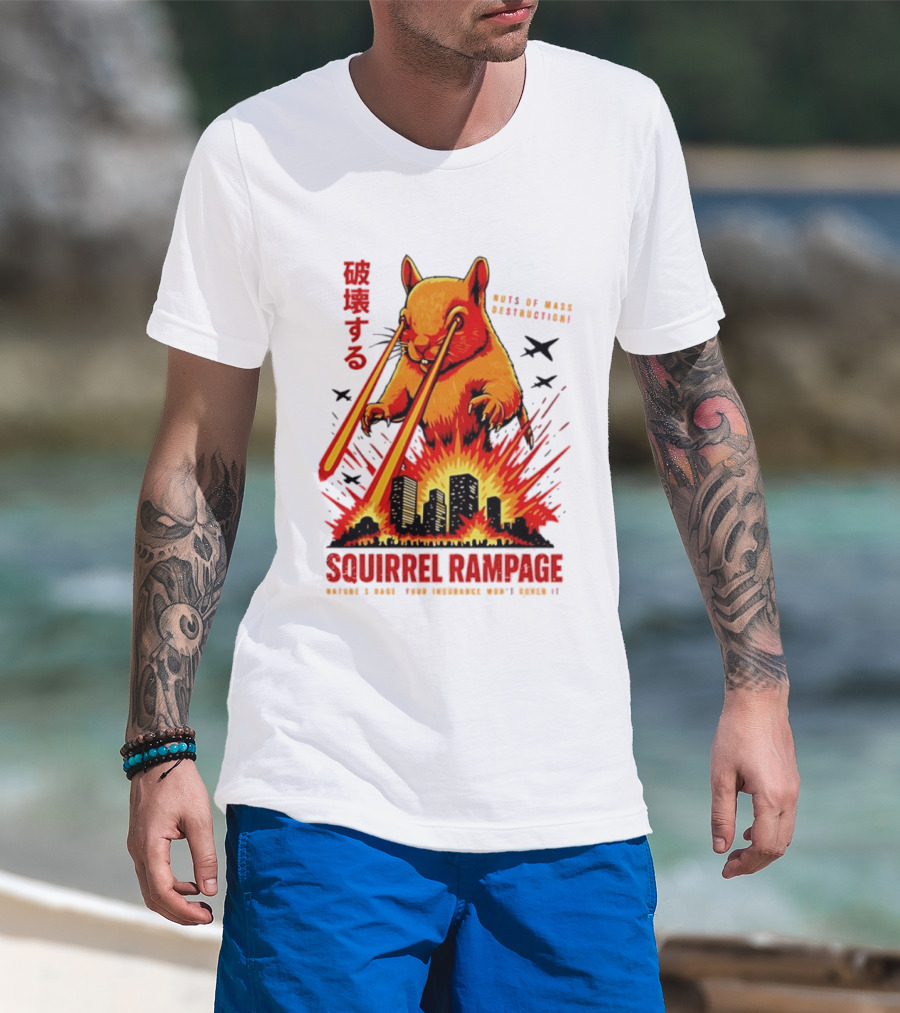 Squirrel Rampage Laser Eyes Skyline Destruction Nuts Of Mass Destruction T-Shirt
