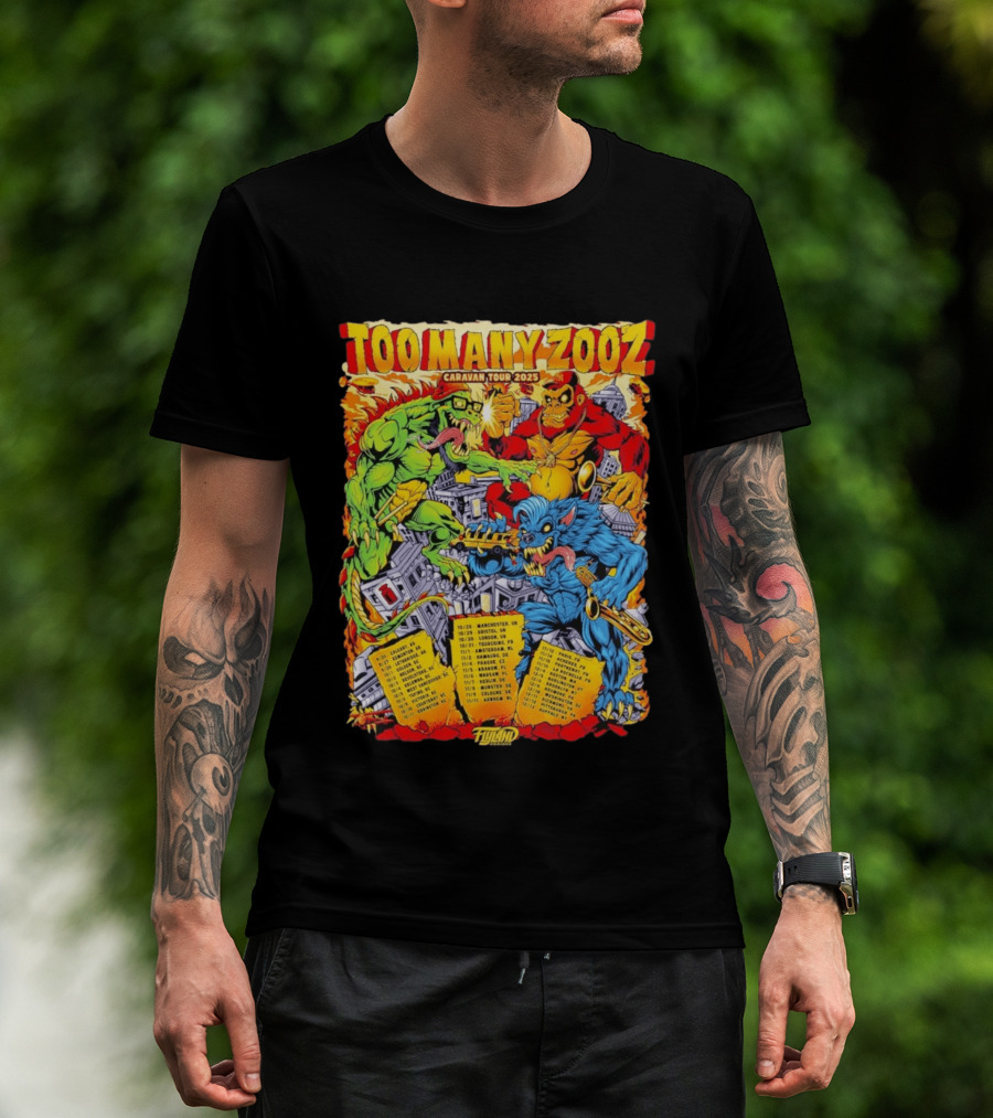 Too Many Zooz Caravan Tour 2025 Cities Monster Theme Music Band T-Shirt