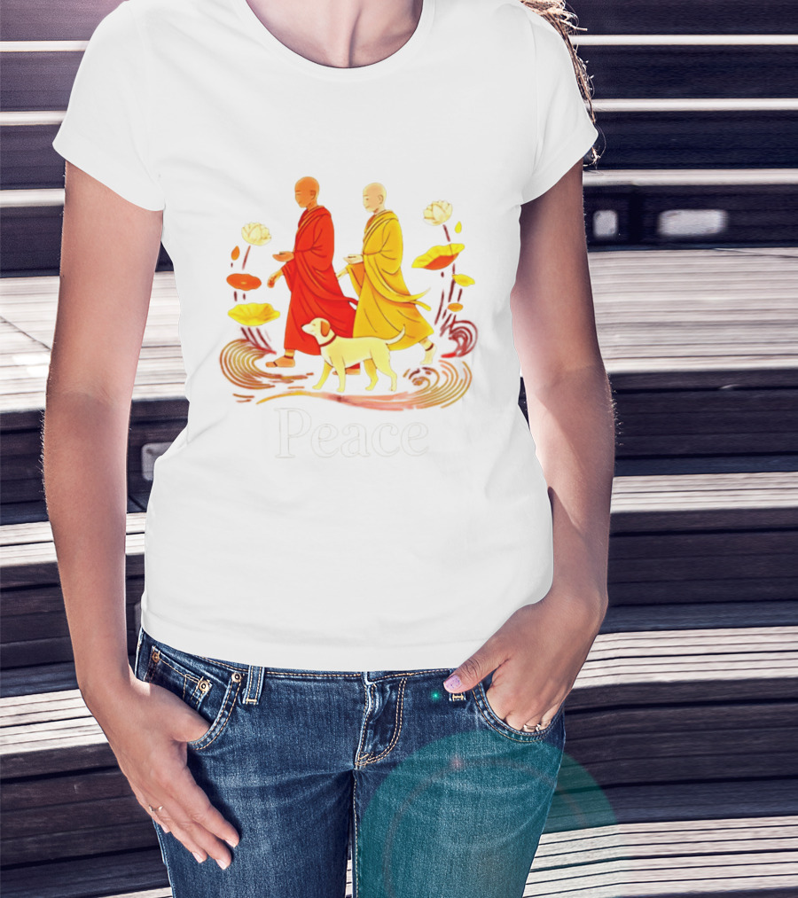 Walk For Peace Monks And Aloka Dog Lotus Path T-Shirt