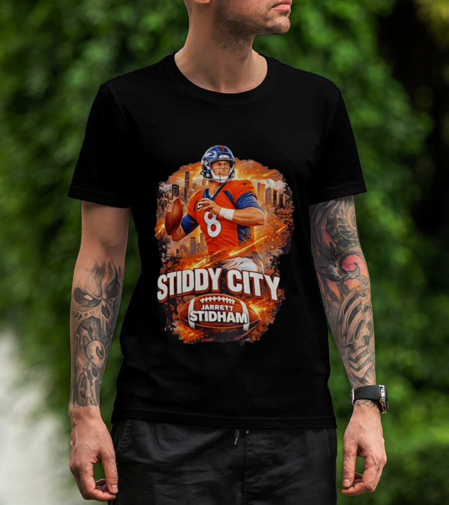 Stiddy City Jarrett Stidham Denver Broncos Quarterback 8 Urban Skyline Football T-Shirt