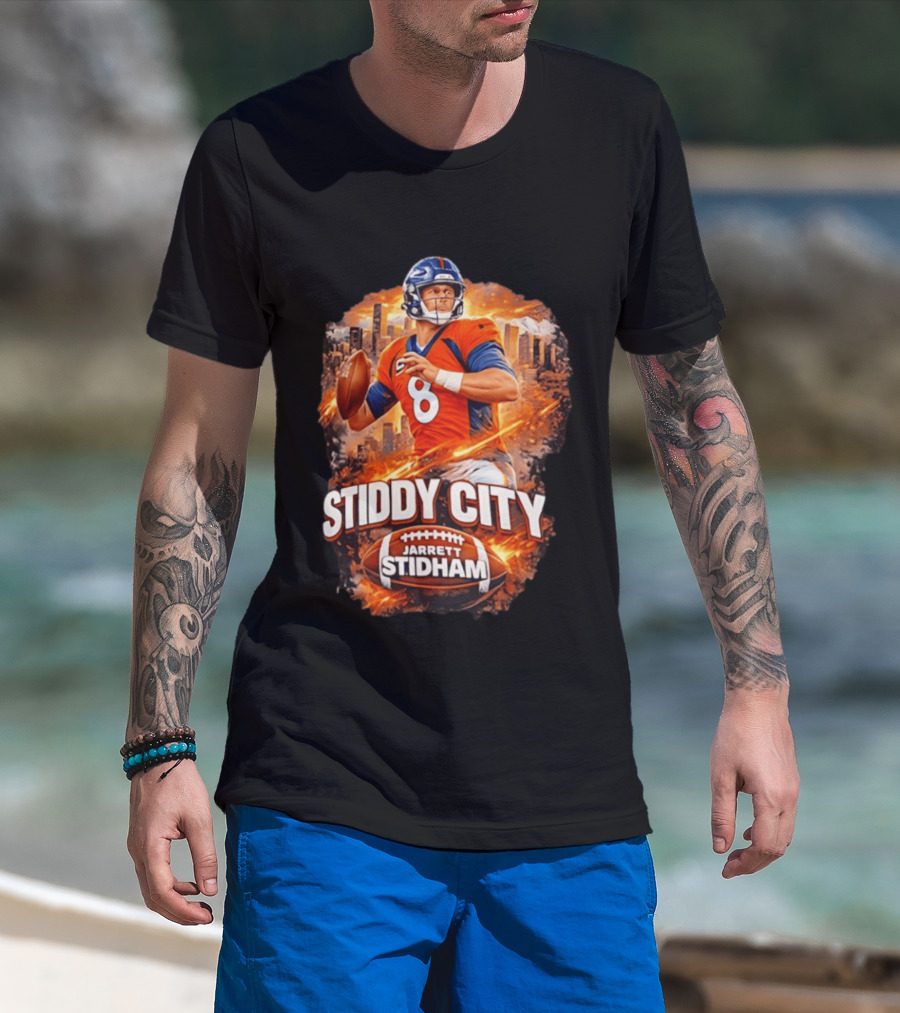 Stiddy City Jarrett Stidham Denver Broncos Quarterback 8 Urban Skyline Football T-Shirt