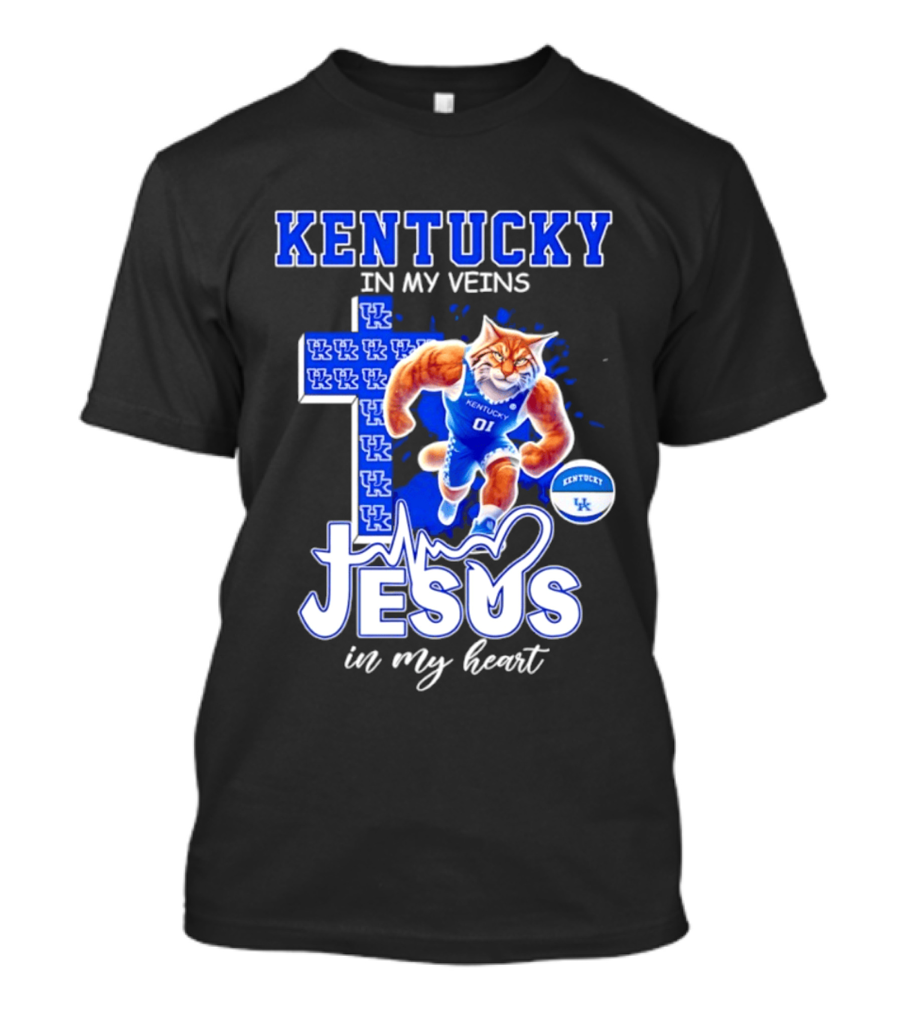 Kentucky Wildcats In My Veins Jesus In My Heart Wildcat Cross T-Shirt