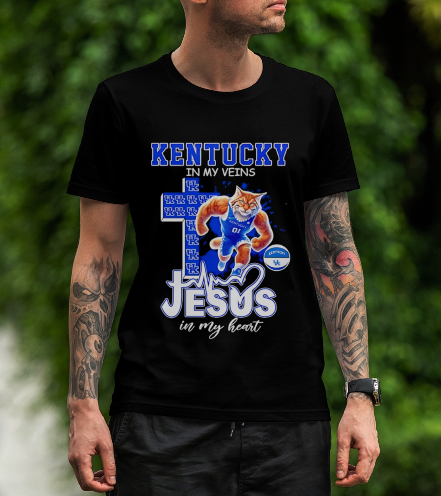 Kentucky Wildcats In My Veins Jesus In My Heart Wildcat Cross T-Shirt