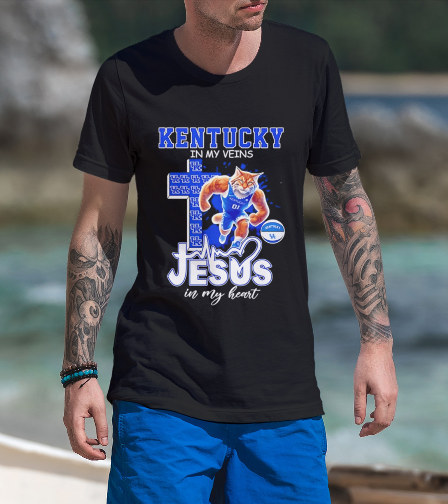 Kentucky Wildcats In My Veins Jesus In My Heart Wildcat Cross T-Shirt