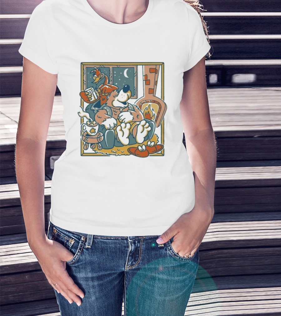 Henrique Torres Nighty Night Cozy Bear By The Fireplace With Duck And Coffee T-Shirt