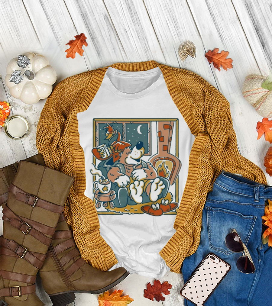 Henrique Torres Nighty Night Cozy Bear by the Fireplace with Duck and Coffee T-Shirt
