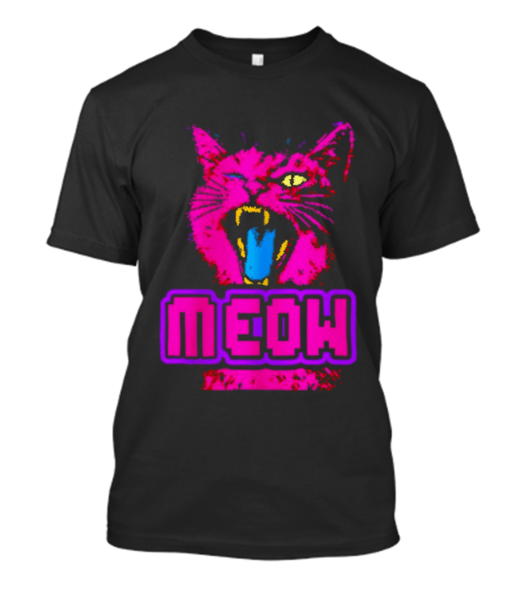 Neon Pink Angry Cat MEOW Cyberpunk Aesthetic Retro Futuristic T-Shirt