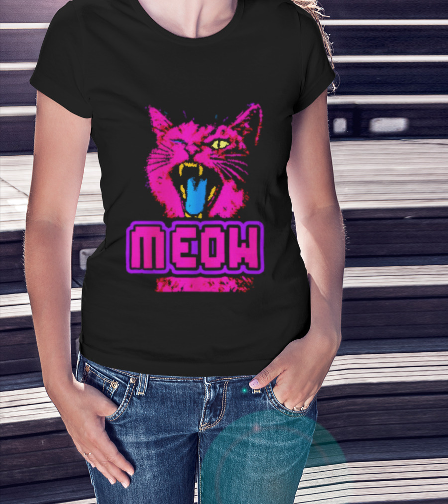 Neon Pink Angry Cat MEOW Cyberpunk Aesthetic Retro Futuristic T-Shirt