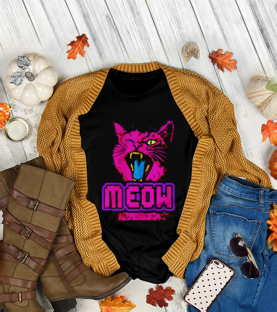 Neon Pink Angry Cat MEOW Cyberpunk Aesthetic Retro Futuristic T-Shirt