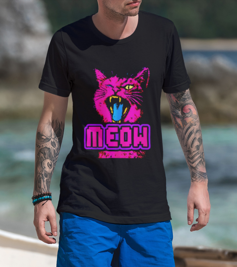 Neon Pink Angry Cat MEOW Cyberpunk Aesthetic Retro Futuristic T-Shirt