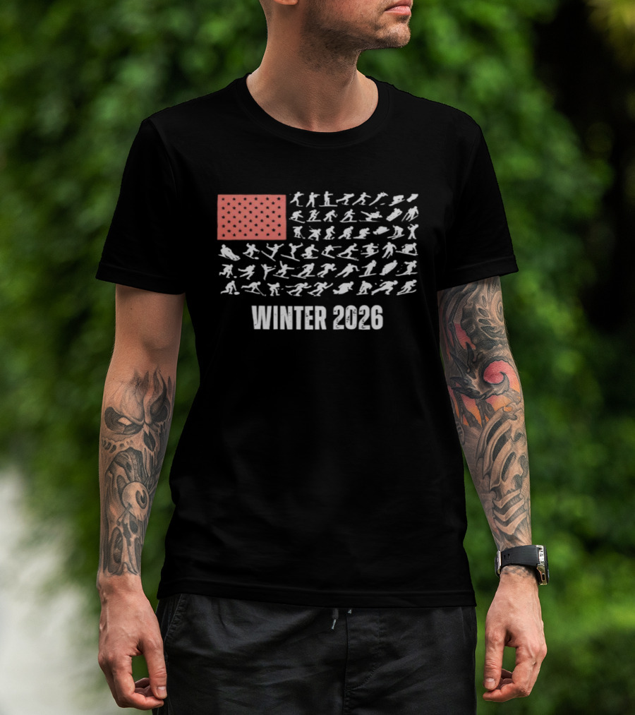 Patriotic USA Winter Sports 2026 Flag Skier Snowboarder T-Shirt