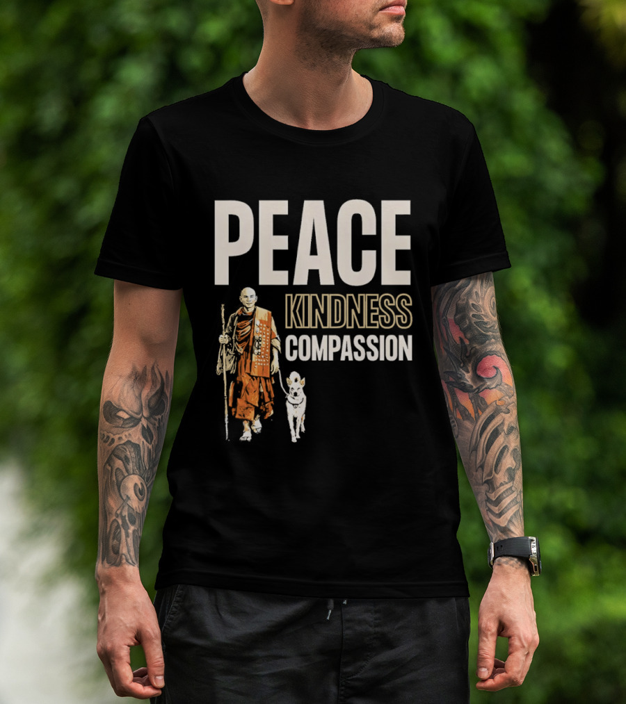 Peace Kindness Compassion Monk And Aloka Dog Walking For Peace T-Shirt