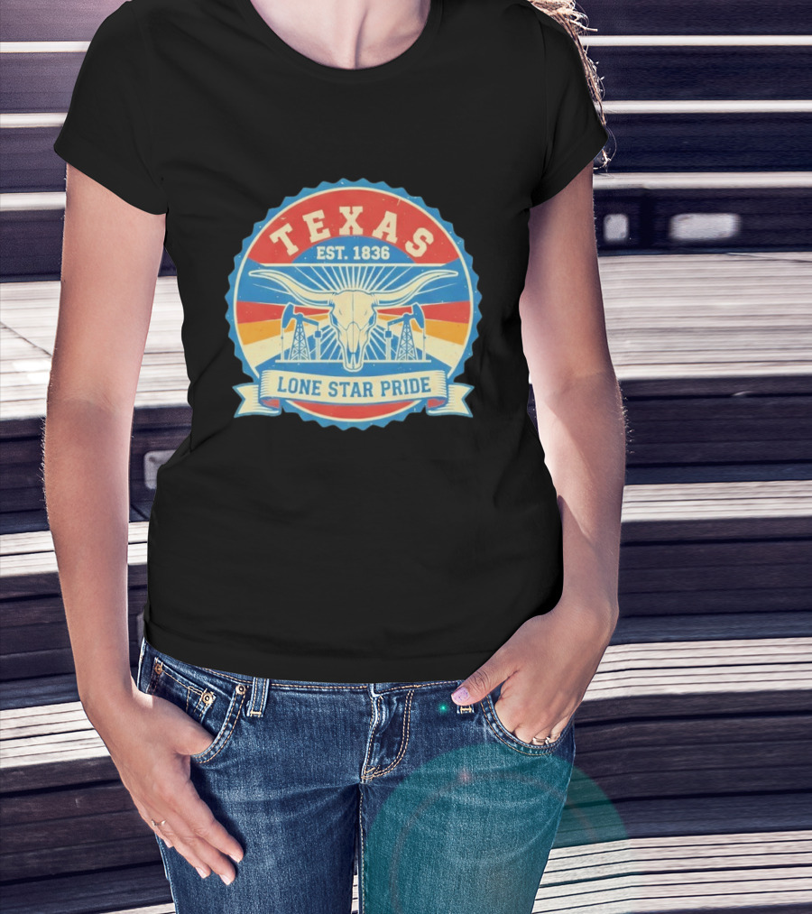 Texas EST 1836 Lone Star Pride Oil Derrick Longhorn T-Shirt