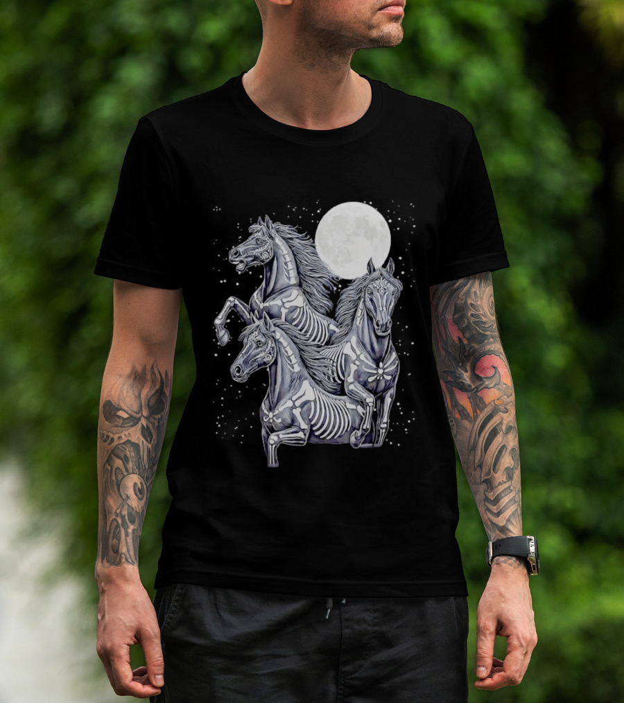Three Horse Moon Día De Los Muertos Skeleton Horse T-Shirt