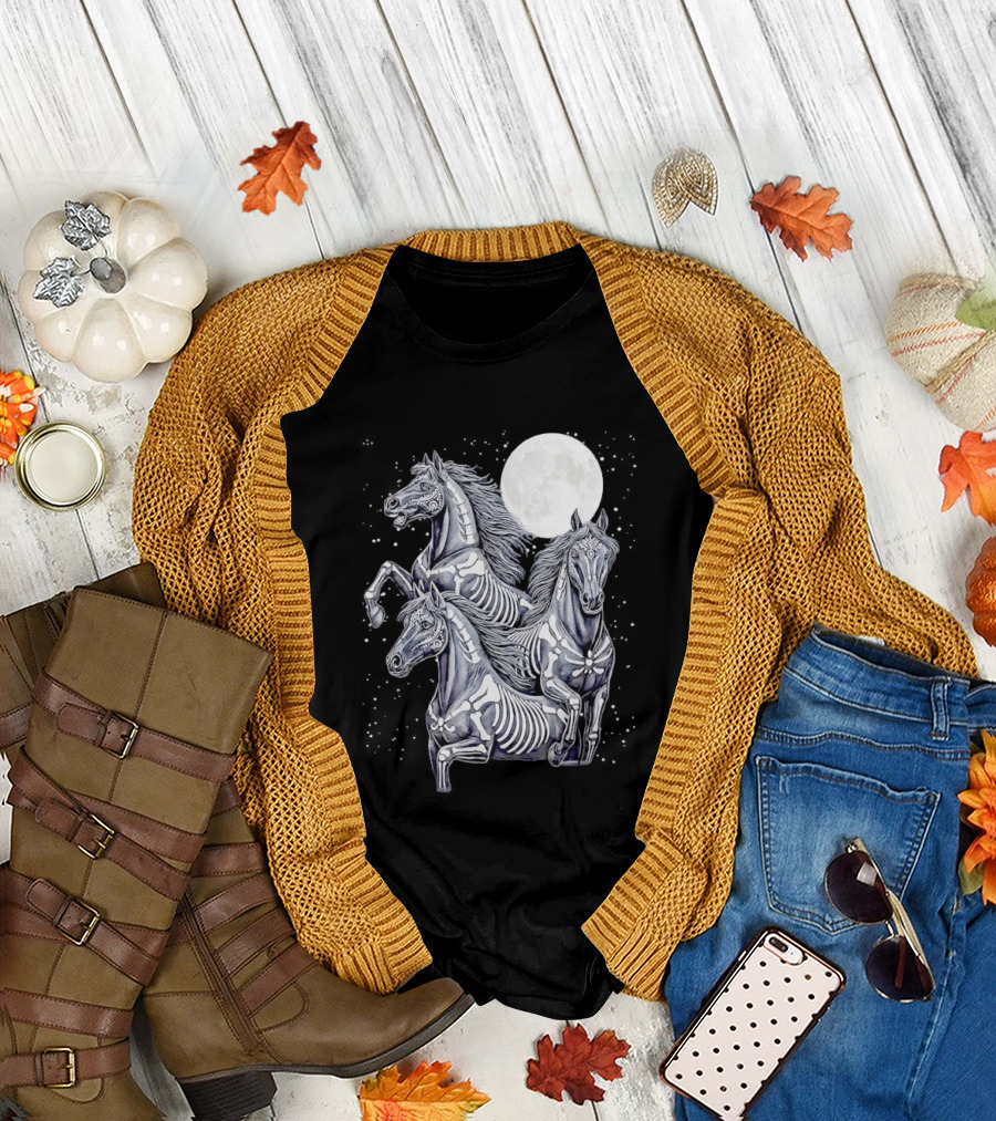 Three Horse Moon Día de los Muertos Skeleton Horse T-Shirt