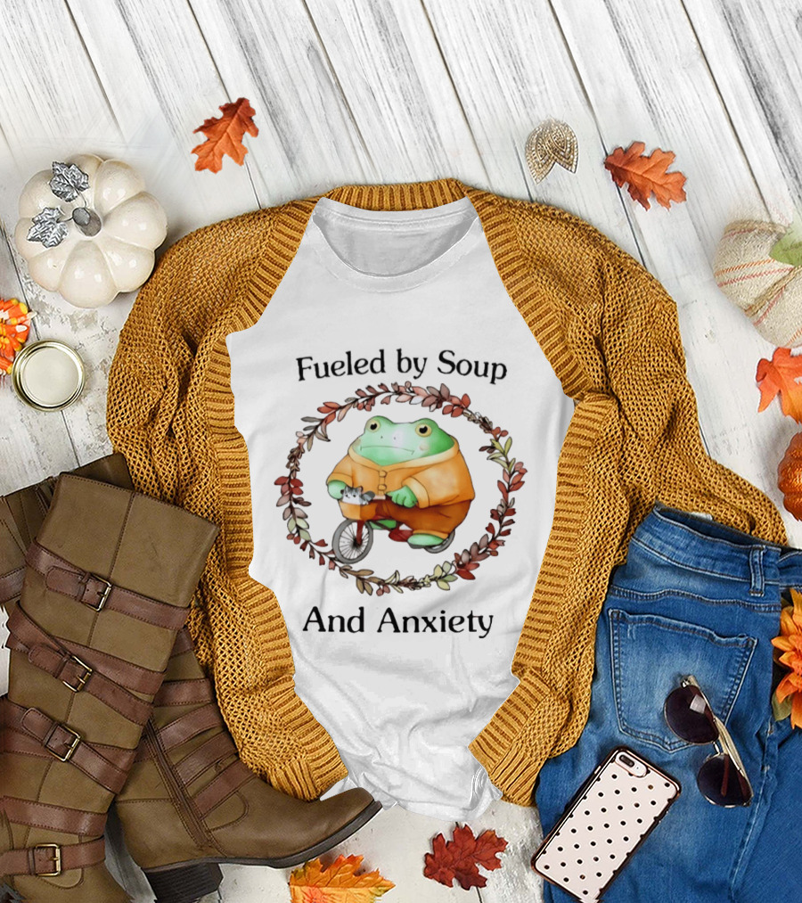 Fueled by Soup Frog Riding Scooter with Cat Surrounded by Autumn Leaves and Anxiety T-Shirt