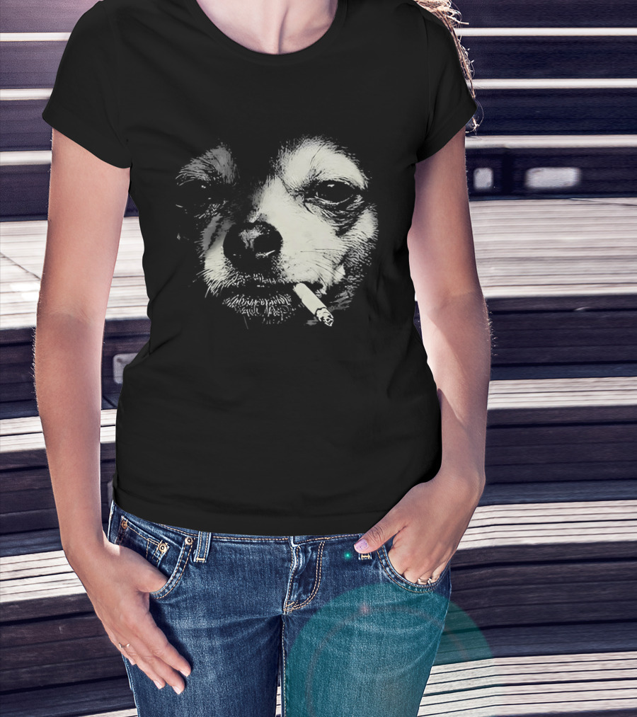 Chihuahua Smoking Cigarette Black And White T-Shirt