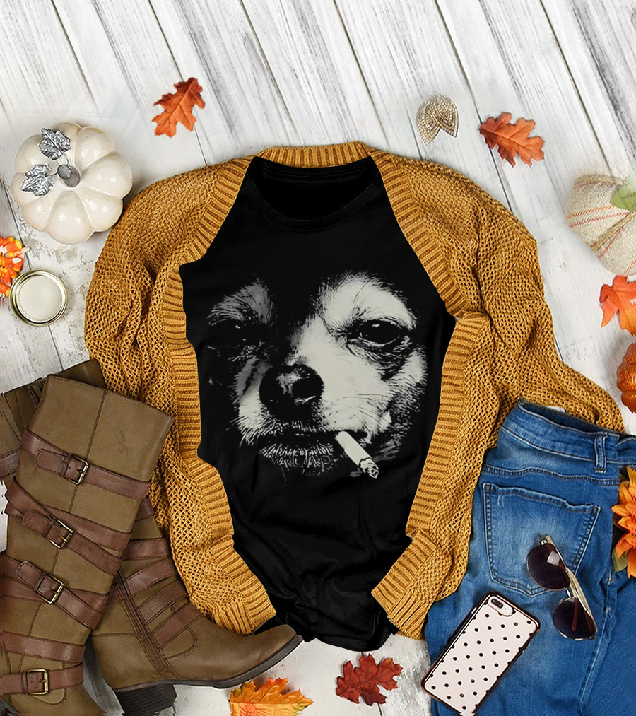 Chihuahua Smoking Cigarette Black and White T-Shirt
