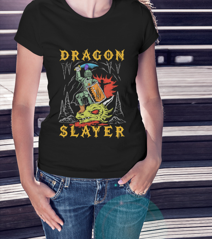 Dragon Slayer Knight Conquering Fiery Beast T-Shirt