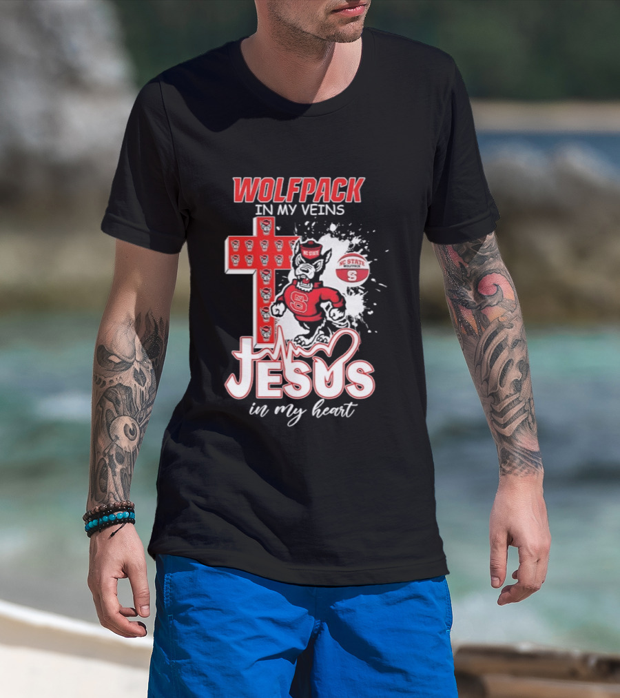 NC State Wolfpack In My Veins Jesus In My Heart Faithful Cross T-Shirt