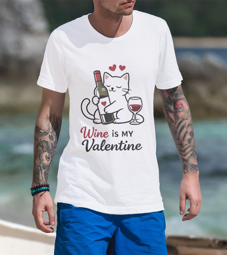 Cat Wine Is My Valentine With Hearts And Wine Glass T-Shirt