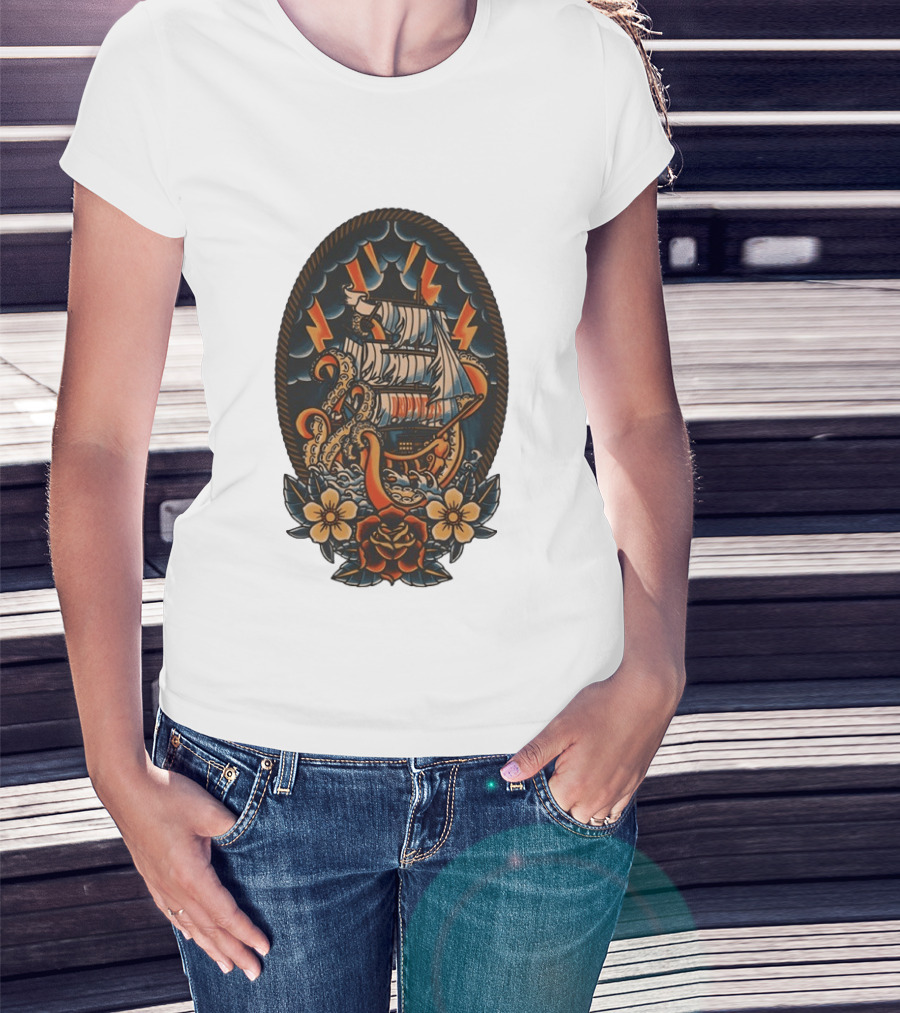 Kraken Sailboat Flower American Traditional Lightning Tattoo T-Shirt