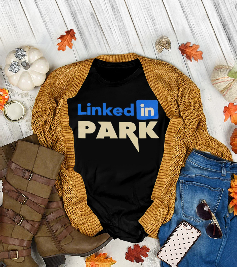 Linked in Park Blocky Font Text in Blue and Beige T-Shirt