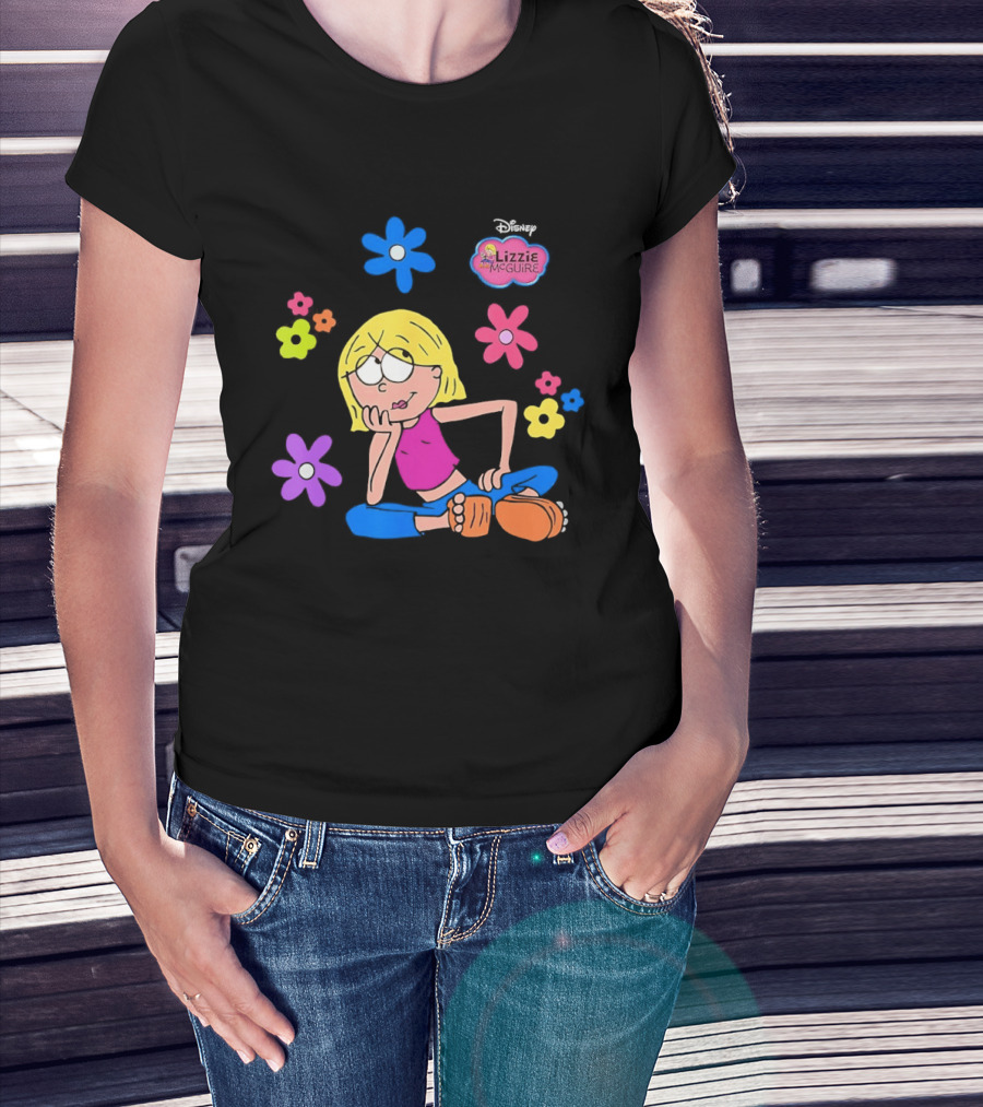 Lizzie McGuire Cartoon Colorful Flowers And Character Sitting Clipart T-Shirt