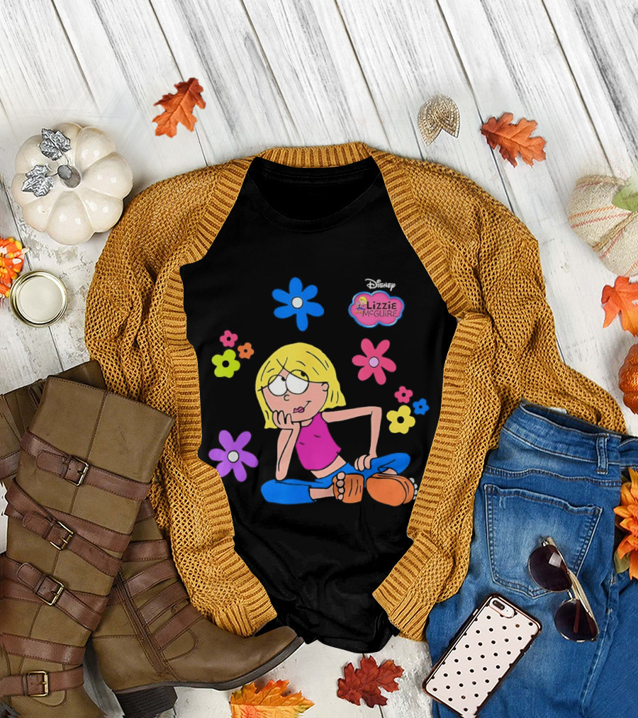 Lizzie McGuire Cartoon Colorful Flowers and Character Sitting Clipart T-Shirt