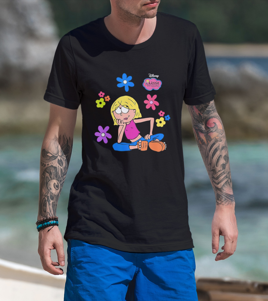 Lizzie McGuire Cartoon Colorful Flowers And Character Sitting Clipart T-Shirt