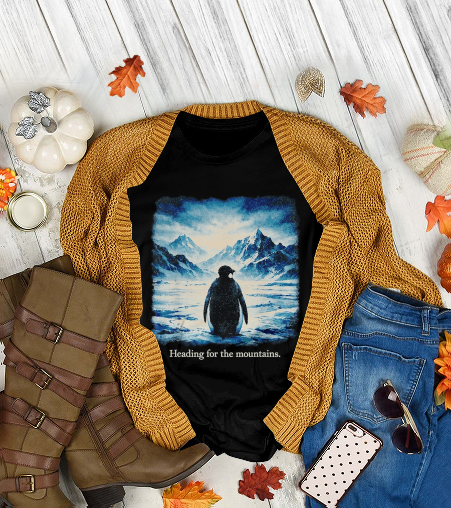 Penguin But Why Heading for the Mountains Scenic Landscape T-Shirt