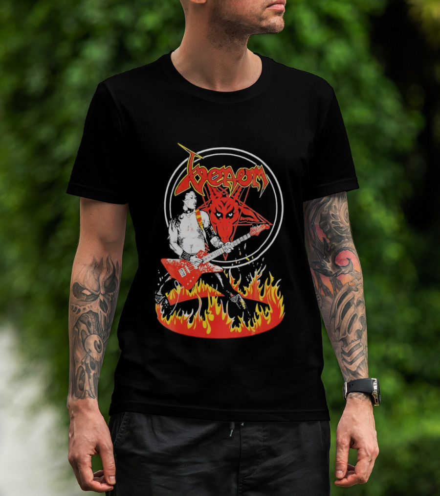 Venom Red Demon Guitarist Flaming Circle T-Shirt