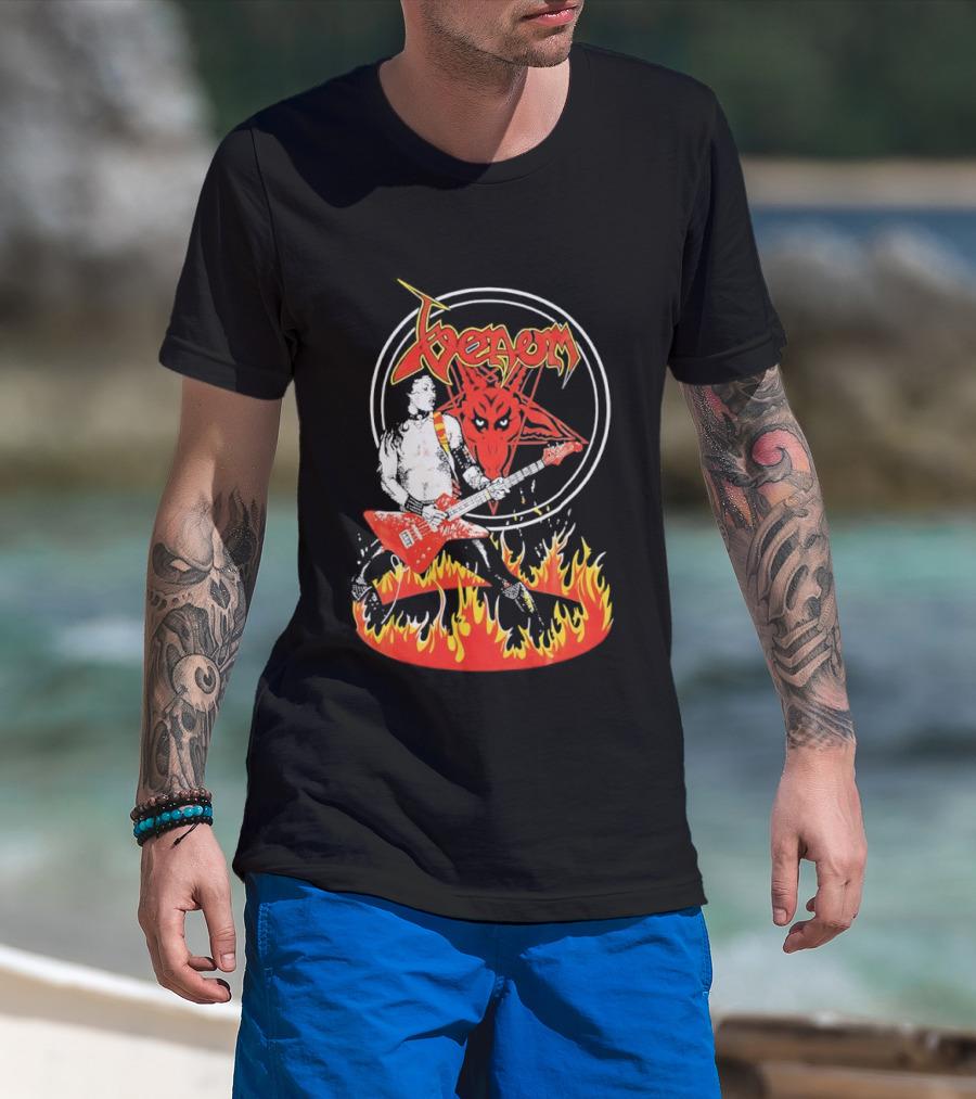 Venom Red Demon Guitarist Flaming Circle T-Shirt