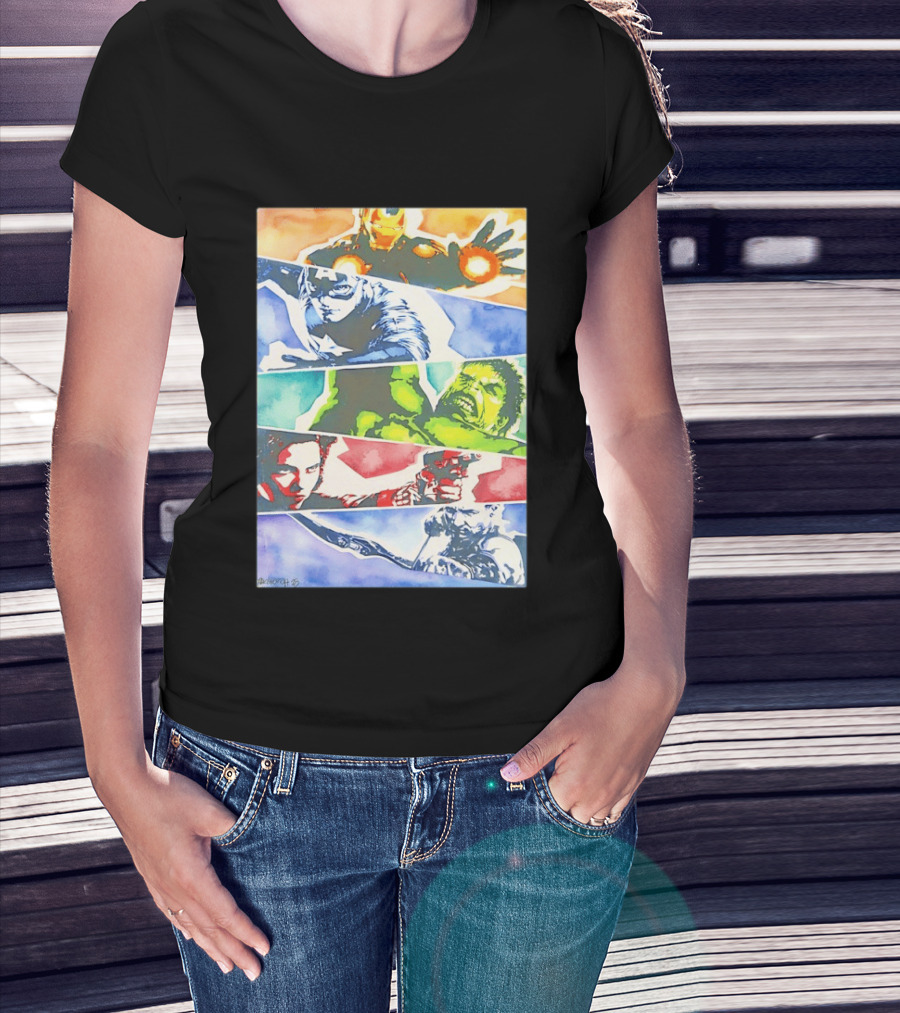 Avengers Iron Man Captain America Hulk Black Widow Thor Watercolor Comic Characters T-Shirt