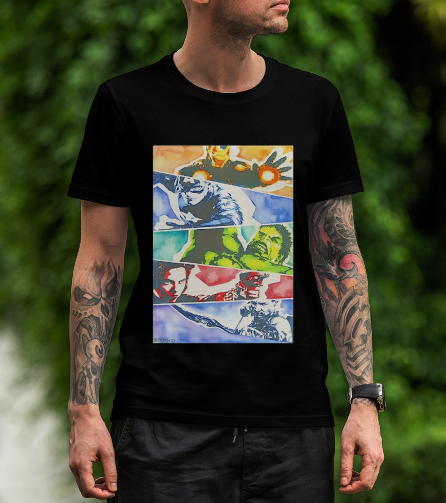 Avengers Iron Man Captain America Hulk Black Widow Thor Watercolor Comic Characters T-Shirt