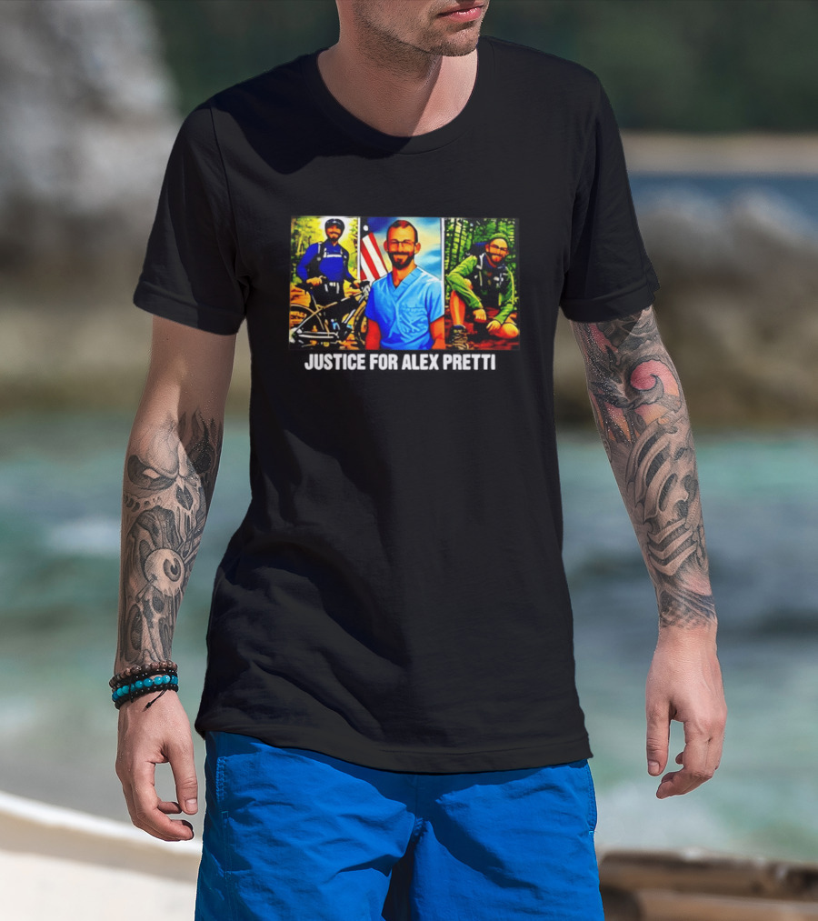 Justice For Alex Pretti Cartoon Art With American Flag And Nature Explorer T-Shirt