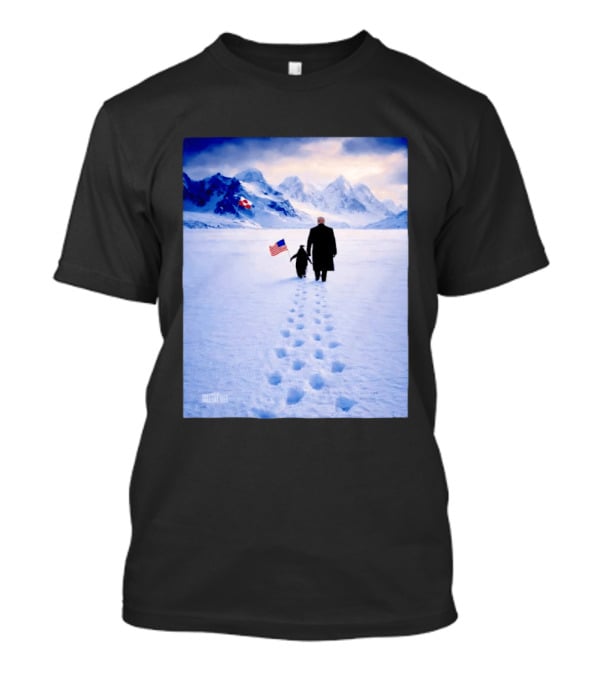 The White House Donald Trump Walking With Penguin American Canadian Flags Snowy Mountains T-Shirt