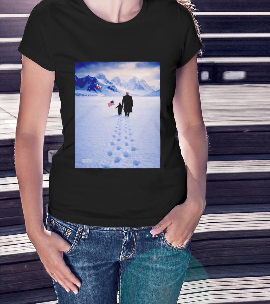 The White House Donald Trump Walking With Penguin American Canadian Flags Snowy Mountains T-Shirt